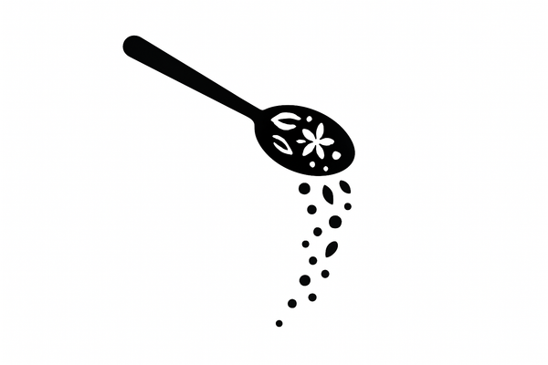 Add a full width, 100% black icon over 100% white background of a tablespoon of loose tea and spices being poured downwards
