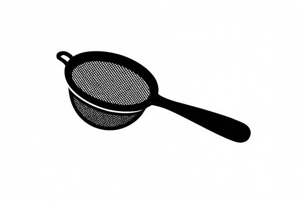 Add a full width image of a 100% all black icon on top of a 100% white background depicting a typical mug-sized household fine mesh strainer