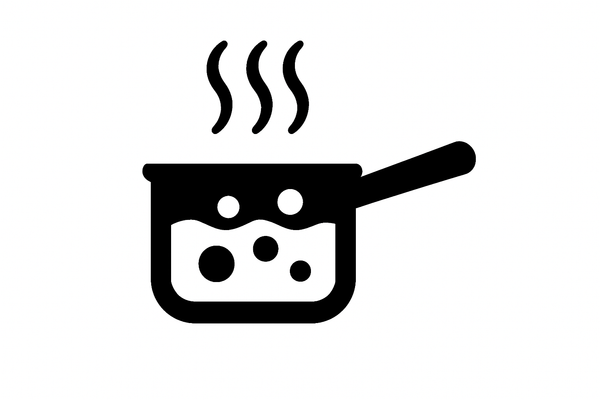 generate a 100% black icon over a 100% white background with 100% image area fill, depicting boiling water in a steaming sauce pan