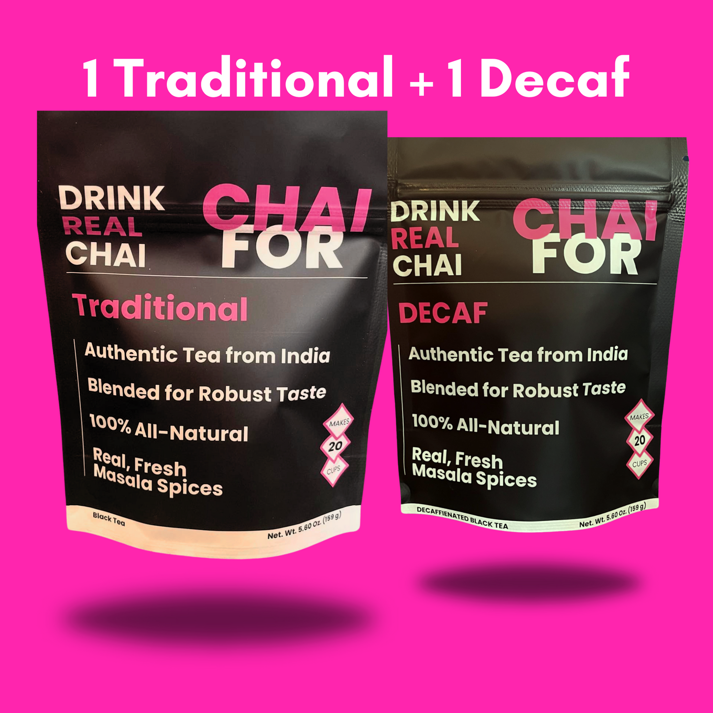 One traditional chai kit and one decaffeinated chai kit bundled together for saving money.