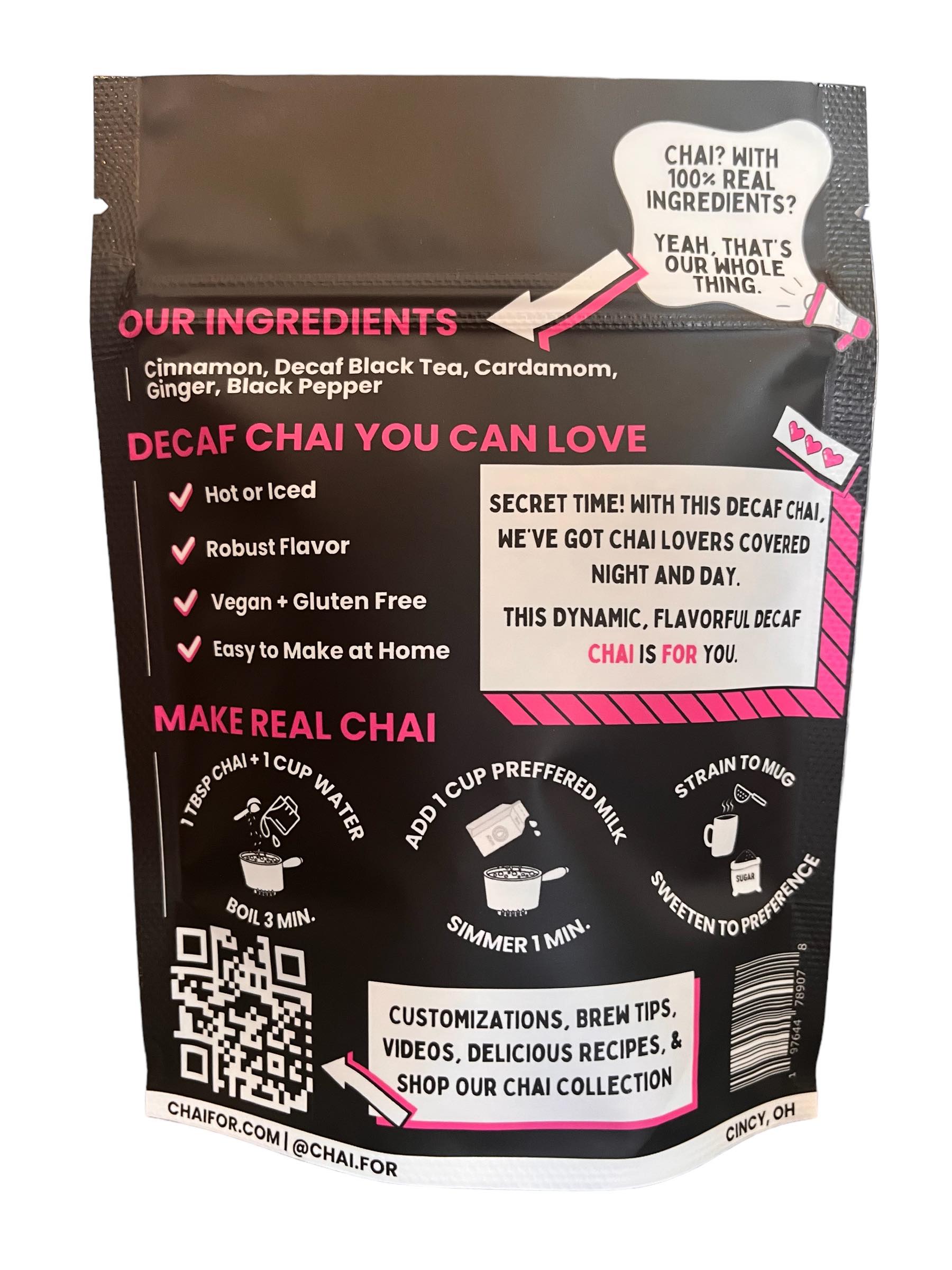 Decaf Chai Packaging showing our ingredients, how to make the chai, and with links to our chai making webpage.