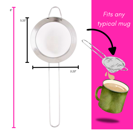 A silver metal tea strainer with mesh head for use when straining your Chai that fits any typical mug size.