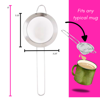 A silver metal tea strainer with mesh head for use when straining your Chai that fits any typical mug size.