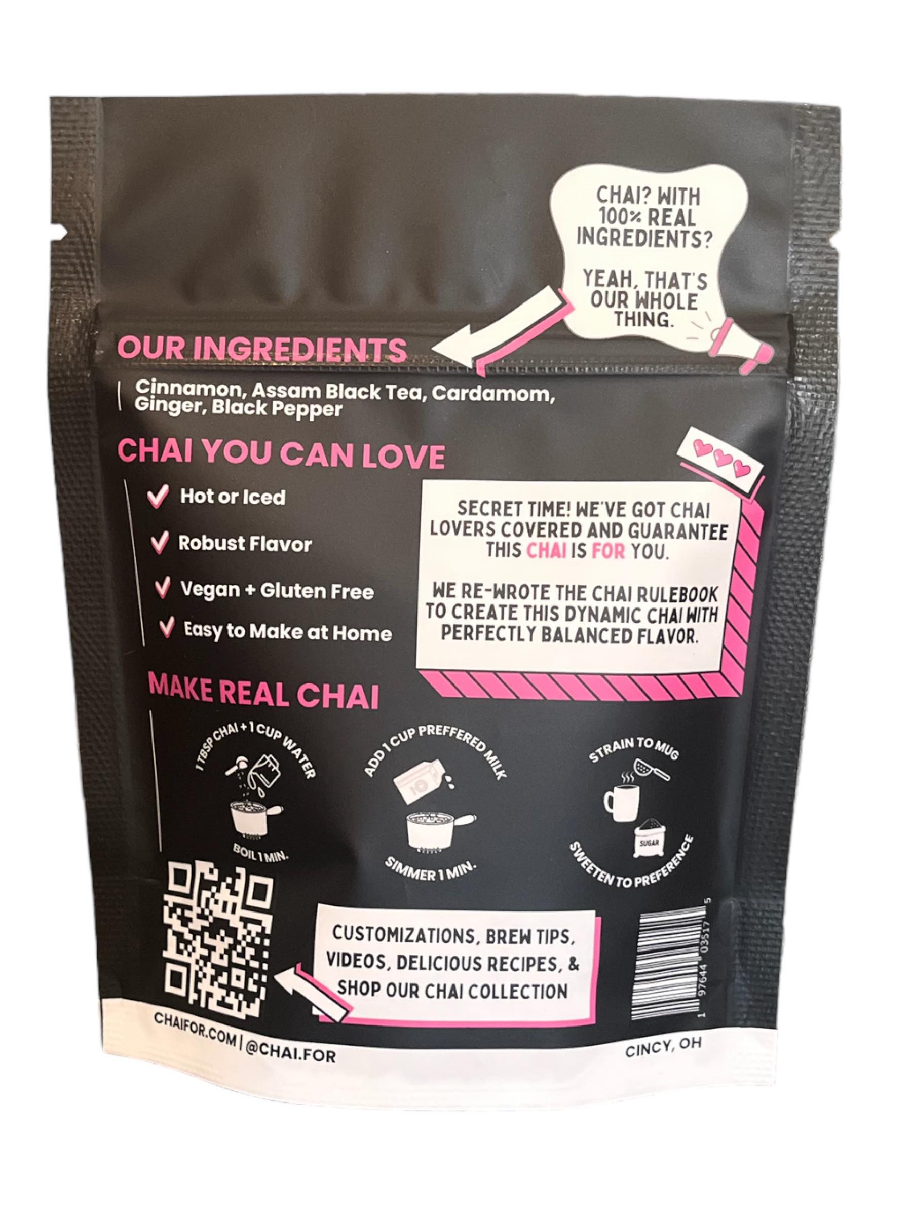 Traditional Chai Packaging showing our ingredients, how to make the chai, and with links to our chai making webpage.