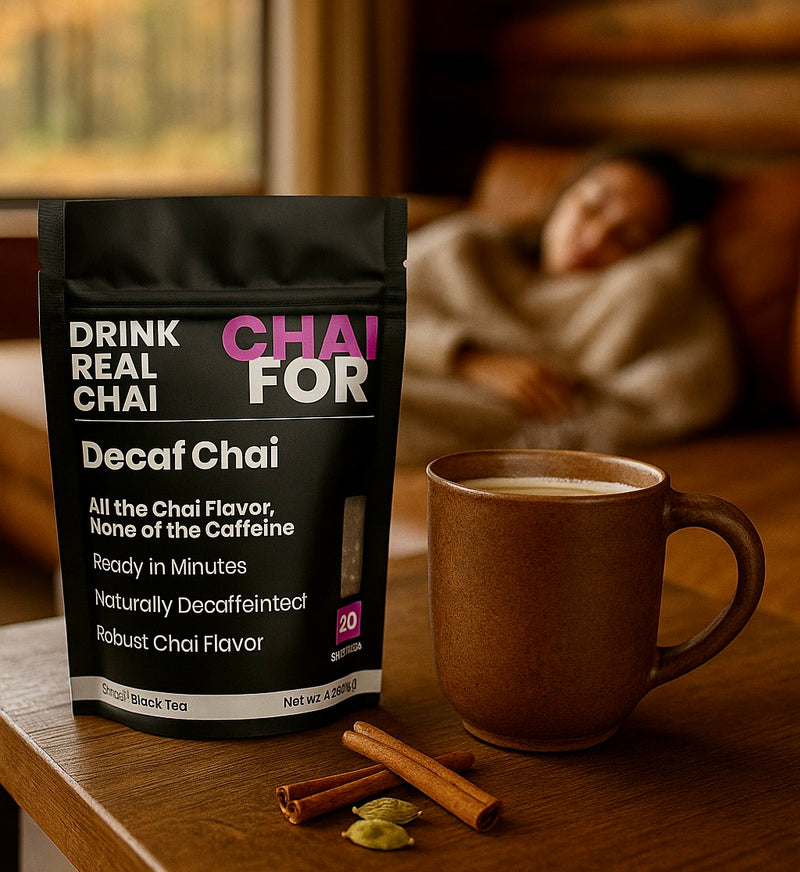 Decaf Chai tea package with a mug of decaf chai on a wooden surface with a woman sleeping in the background