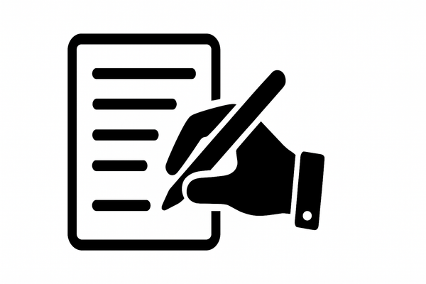 Generate a full width icon, 100% black in color with a 100% white background, of a form being filled out