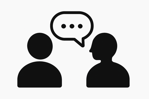 Generate a full width icon, 100% black on a 100% white background of a two people conversing