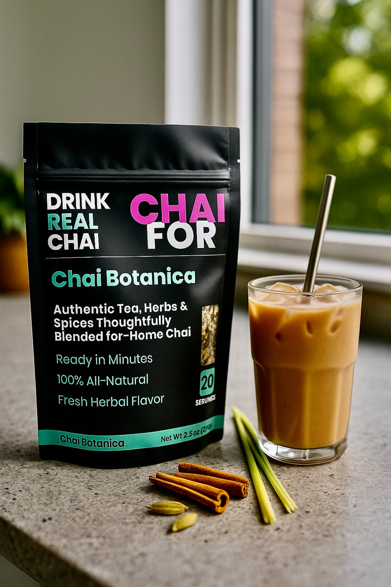 Black tea Chai Botanica tea package with lemongrass and mint with a glass of iced chai tea on a countertop.